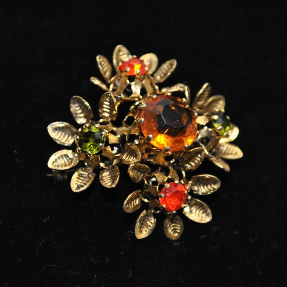 Vintage Floral Brooch with Orange & Green Glass Stones Made in Austria